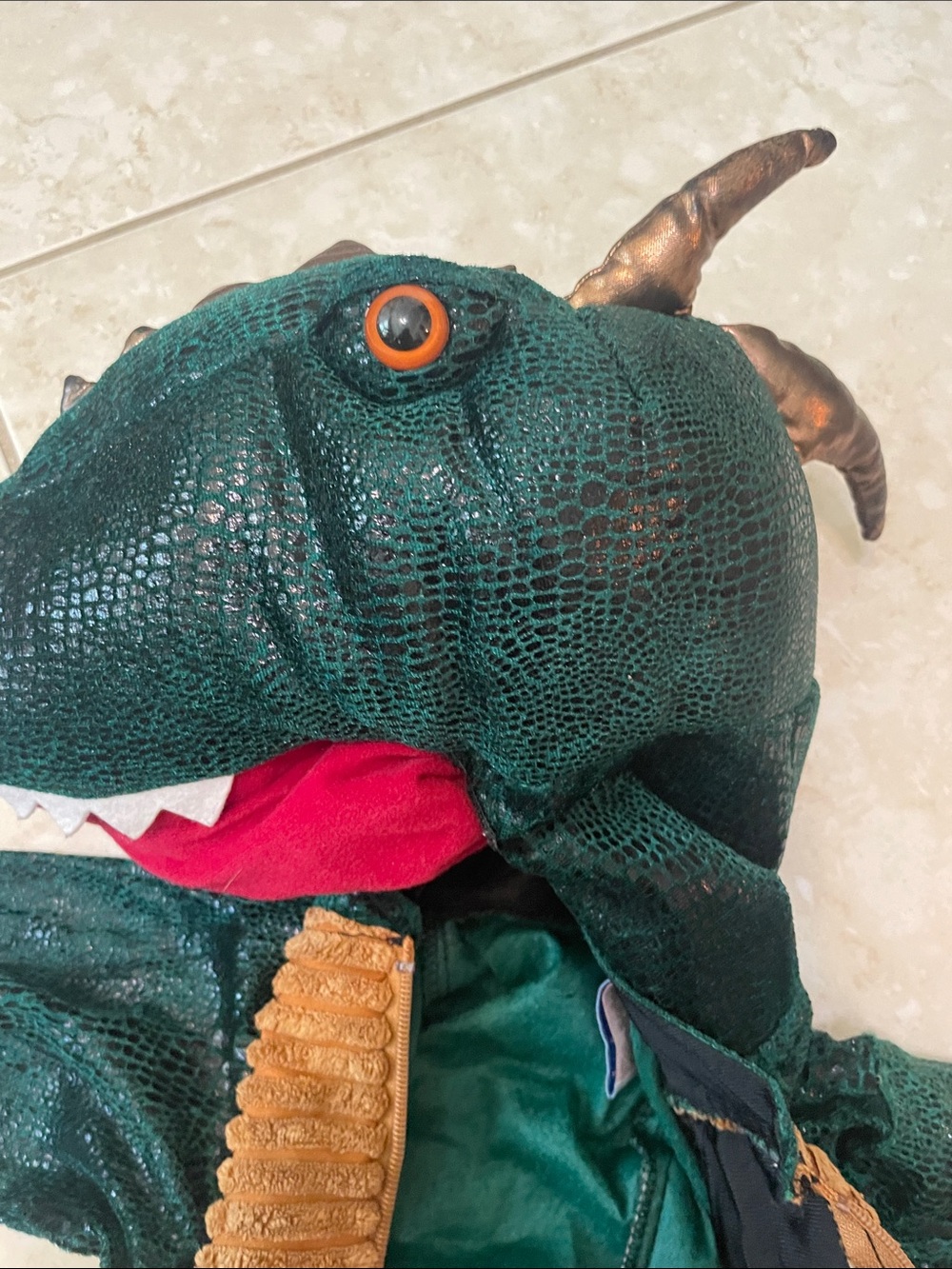 Children's Green Dinosaur Costume with Brown Belly and Hood - Picture 5 of 8